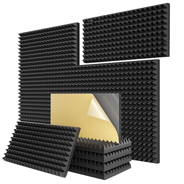 Paquete de 12 paneles de espuma insonorizantes autoadhesivos en forma de pirámide, paneles acústicos de 24 x 12 x 2 pulgadas, para reducción de ruido, color negro