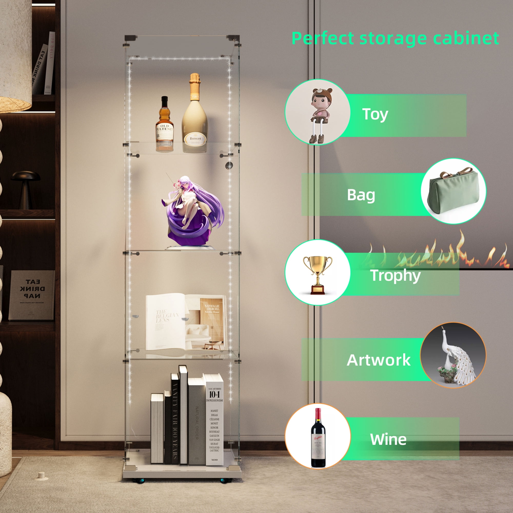 4-Tier Glass Display Cabinet with Glass Doors,65" Floor Standing Curio Bookshelf Collection Display Case with Bluetooth LED for Living Room Bedroom Office,White