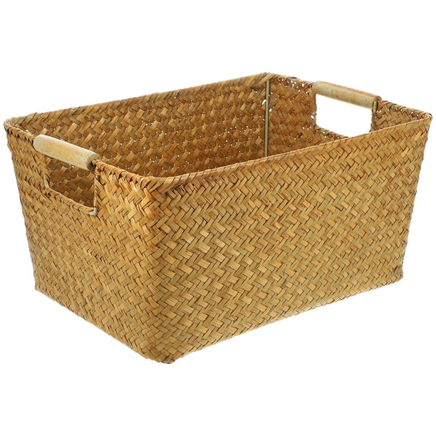 Cesta de algas marinas con asa de madera, cesta de escritorio rectangular, organizador de almacenamiento para baño