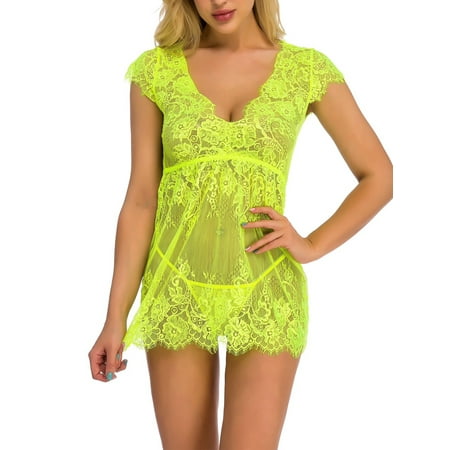 

Colisha Women Lingerie Set Lace Nightwear Deep V Neck Babydoll Backless Gift 2 Pieces Chemise Green L