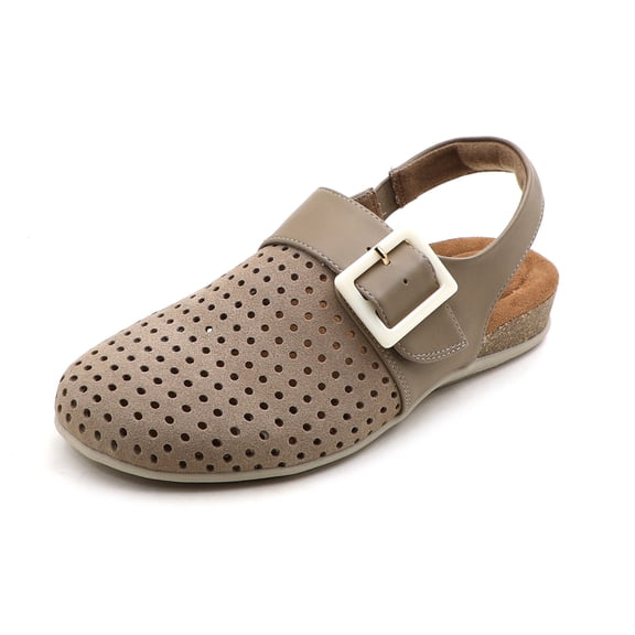 Women's Cushioned Genuine Leather Perforated Slingback Buckle Comfort Clogs Cork Footbed