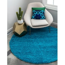 Rugs.com Solid Shag Collection Rug – 5 Ft Round Turquoise Shag Rug Perfect For Kitchens, Dining Rooms