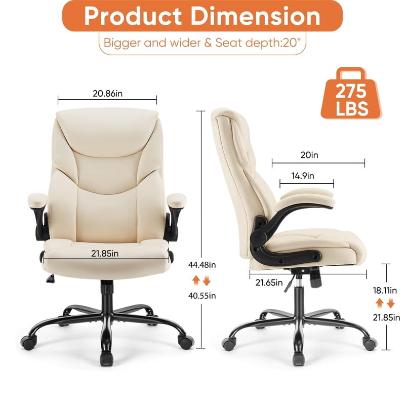 Kelno PU Leather Executive Office Chair with Flip Up Armrest Ergonomic Drafting Chair,White