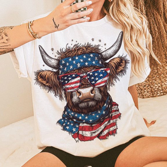 America Highland Cow T-Shirt, Western 4th of July Shirt, Boy USA 4th of July Shirt, Toddler USA Independence Day Shirt