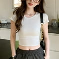 thumbnail image 2 of JGGSPWM Women's Solid Color Basic Crop Tops Stretchy Casual Round Neck Cap Sleeve Shirt White L, 2 of 3