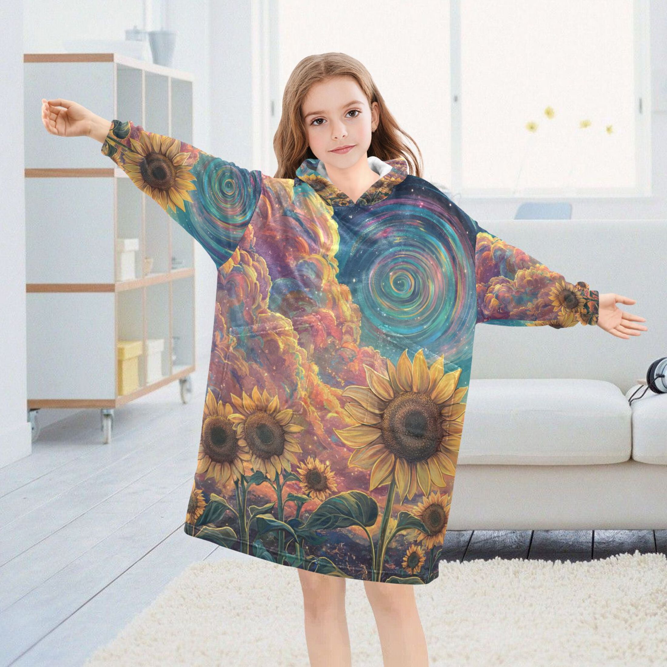 YAZAOO Kids Wearable Blanket Hoodie Warm and Cozy Sunflowers under A Cosmic Sky Flannel Sweatshirt