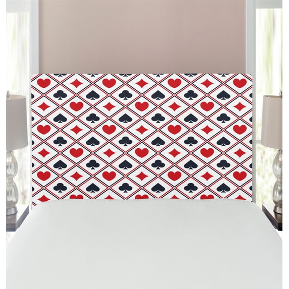 Casino Headboard, Holdem Gambler Hearts Spades Diamons Success Winning Modern Design Art, Upholstered Decorative Metal Bed Headboard with Memory Foam, Twin Size, Black Red, by Ambesonne