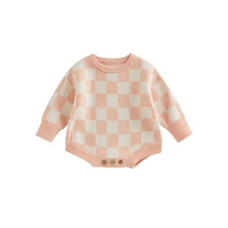 

Coduop Newborn Baby Girl Boy Knit Romper Long Sleeve Checkerboard Sweatshirt