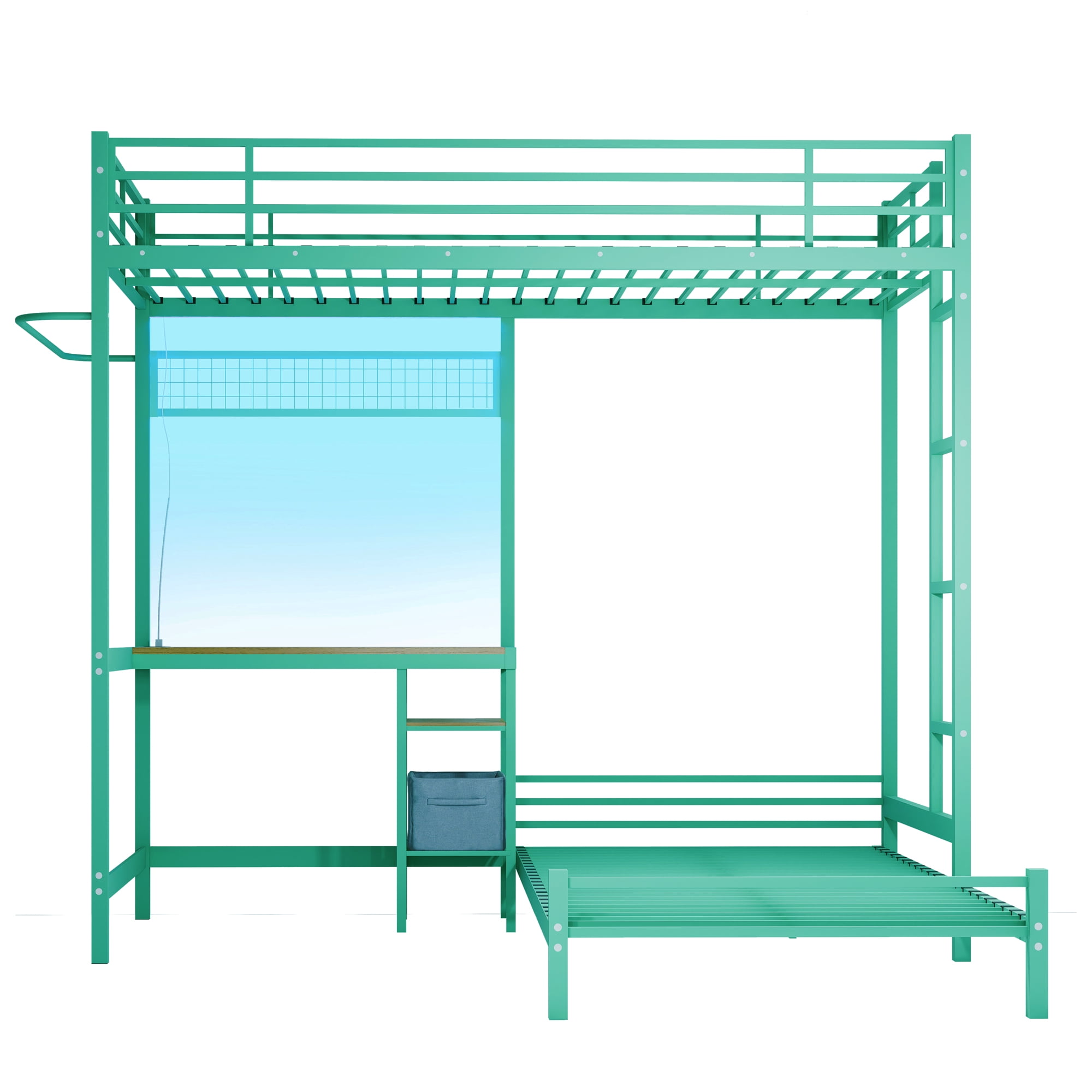 Aukfa Twin over Twin Bunk Bed with Desk, LED Light & Storage Shelves, L-Shaped Metal Bunk Bed for Teens & Kids, Green