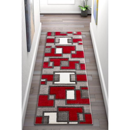 Abstract Boxes - Uptown Squares Red & Grey Modern Geometric Comfy Casual Hand Carved Runner Rug 2x7 ( 2' x 7' ) Easy to Clean Stain Fade Resistant Abstract Boxes Contemporary Thick Soft Plush Living Dining Room Rug