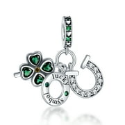 AMUEFER 925 Sterling Silver Charm for Women Bracelets Necklace Green Lucky Horseshoe Four Leaf Clover Charm Women Bracelet Charm