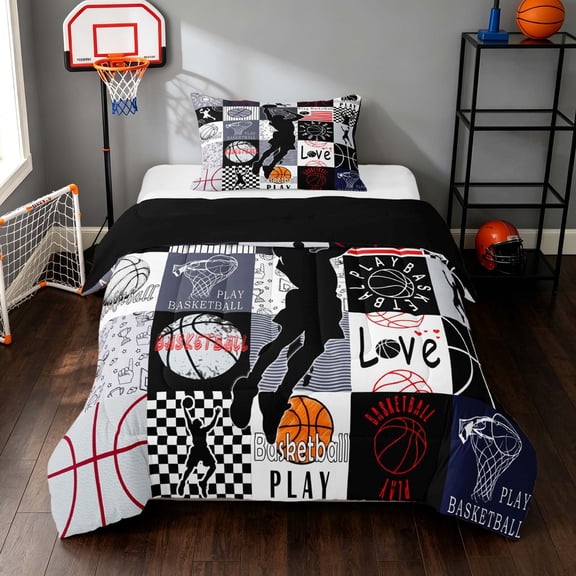 Manfei Boys Basketball Twin Comforter Sets, Sport Plaid Bedding Set, Black Red Twin Comforter Sets, Black Reversible 2-Piece 1 Comforter and 1 Pillowcase