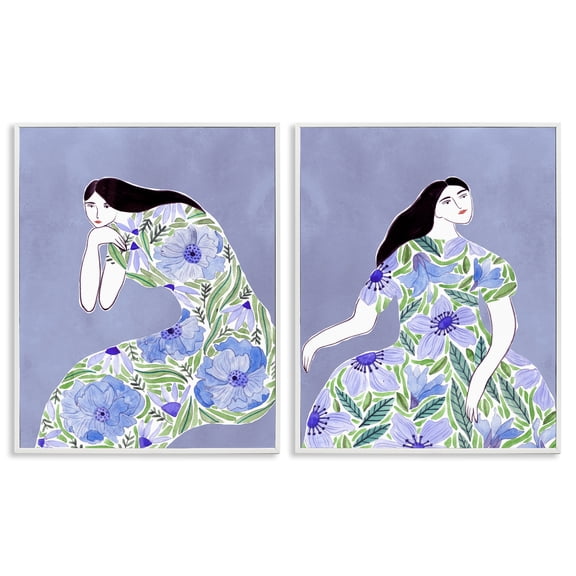 Stupell Industries Floral Women on Purple People Painting White Framed Art Print Wall Art, 16 x 20, Set of 2