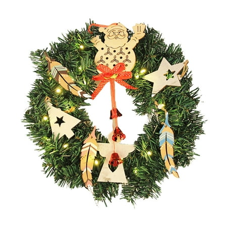 

SSBSM 30cm Christmas Artificial Wreath Luminous Warm Light Battery Operated with Bells Realistic Window Dressing Scene Layout Merry Xmas Santa Pendant Door Hanging Garland for Hotel
