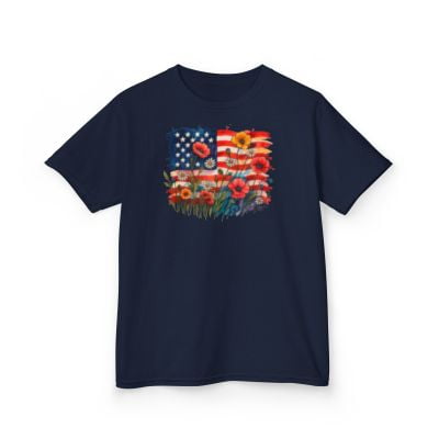 Flower 4th of July USA Kids Heavy Cotton Tee-KHJUL4506B-Navy-XS