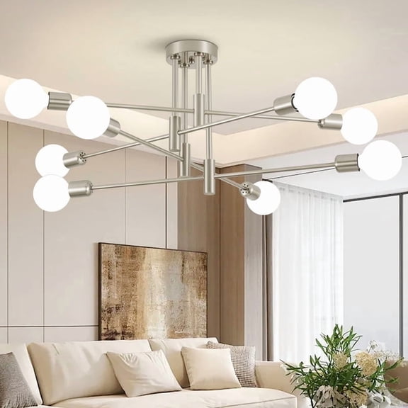 Deyidn Nickel 8-Light Sputnik Chandelier - Mid Century Modern Flush Mount Ceiling Light Fixture for Dining Room Kitchen Bedroom
