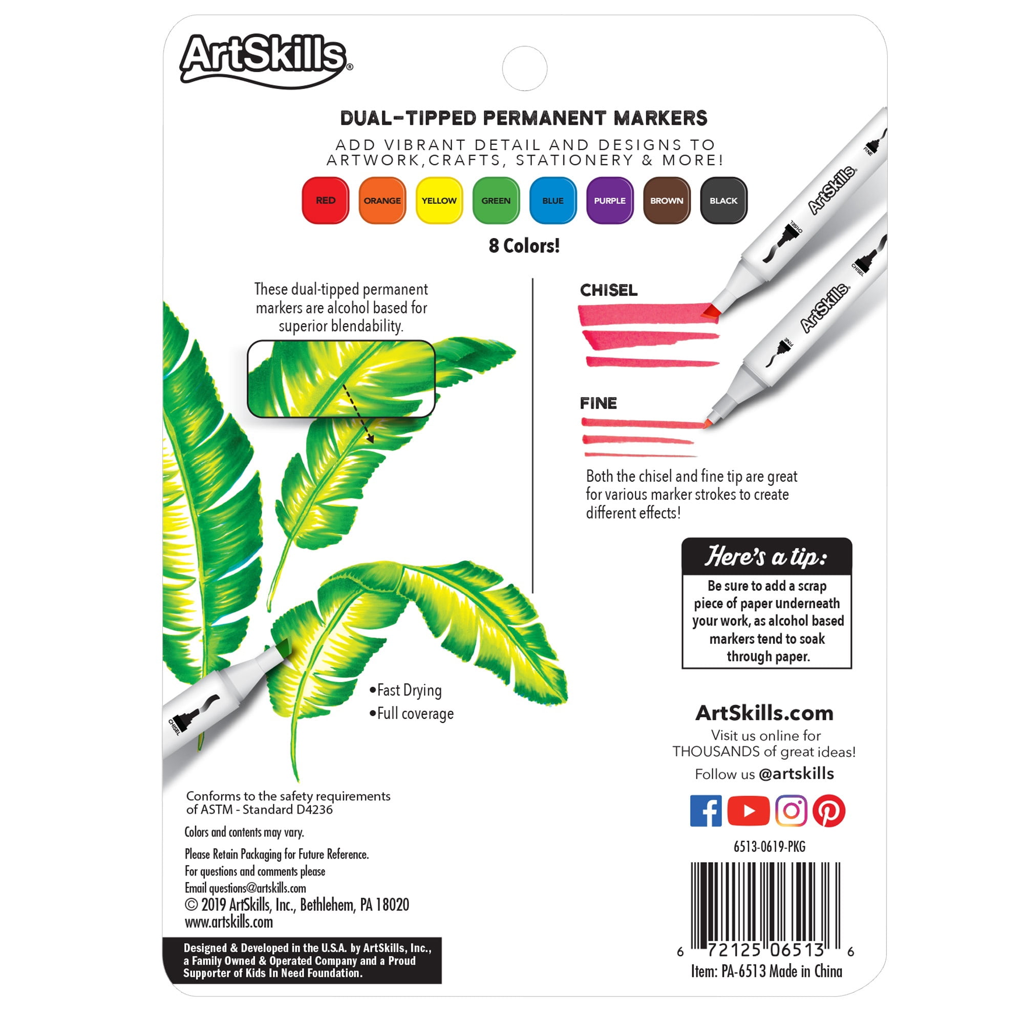 ArtSkills Dual Tip Permanent Markers, Chisel and Fine Tips, for Adults, Teens, & Kids, 8 Pieces