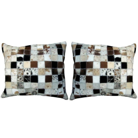 Hilason Set Of 2 Cowhide Leather Hair-On Patchwork Cushion Pillow Cover 16 X 16