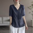 thumbnail image 2 of Women's Short Sleeve V Neck Embroidered Top Shirt Blouse Solid Color Casual Daily Wear Work Office Vacation Fashion Essential Gift for Ladies | Sopatenor,Blue XL, 2 of 8