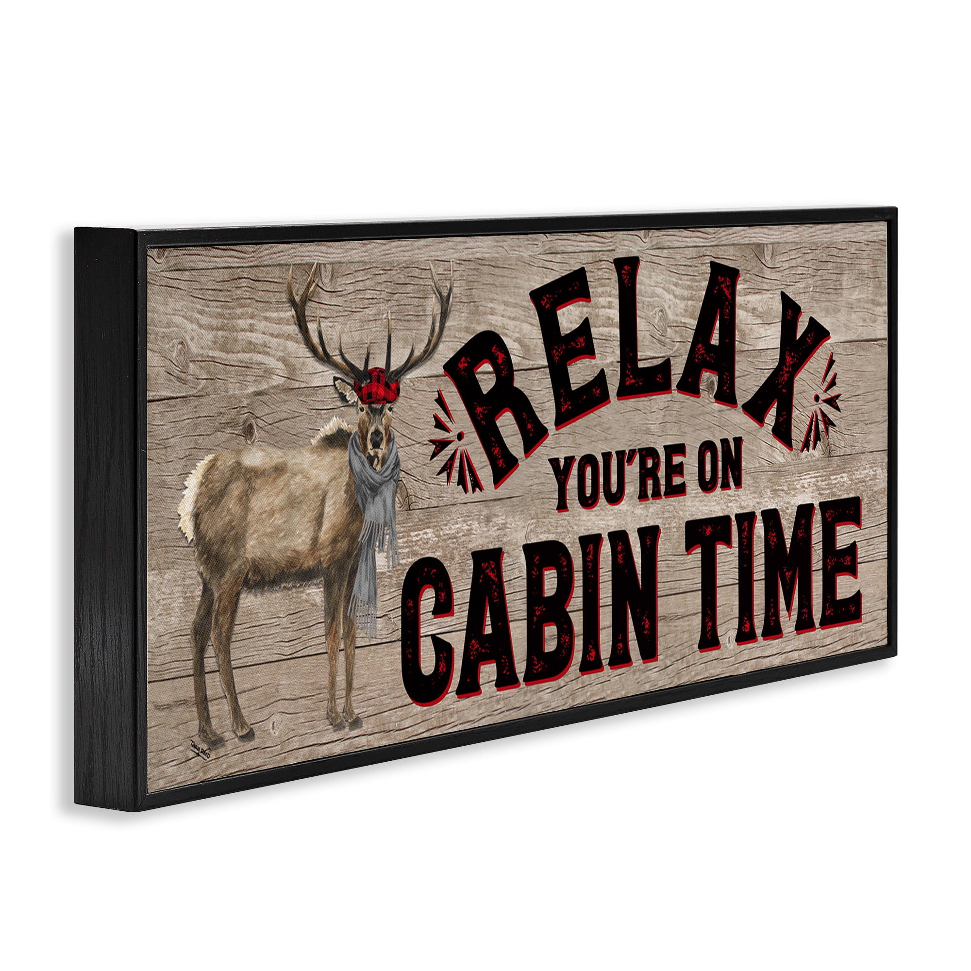 Stupell Industries Cabin Time Phrase with Deer Animals & Insects Painting Black Framed Art Print Wall Art, 30 x 13