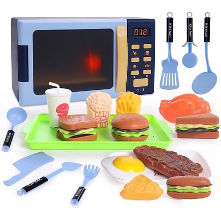 Style-Carry Kids Microwave Toy, Toy Kitchen Appliances, Play Kitchen Accessories and Play Food for Toddlers 3-8 Year Old Girls Boys (Blue)