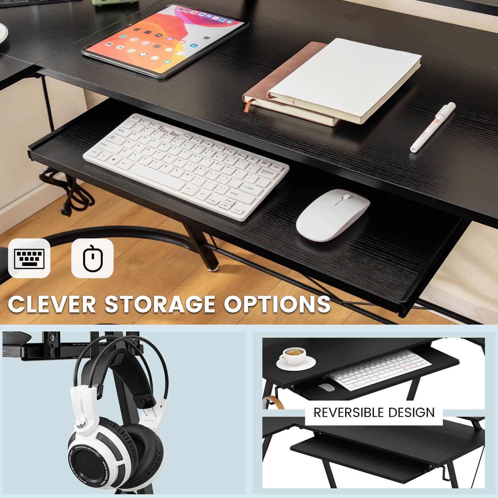 Amijoy L-shaped Computer Corner Desk, 51" Reversible L Shaped Home Office Desk w/Power Outlet, USB Ports, Monitor Stand, Keyboard Tray