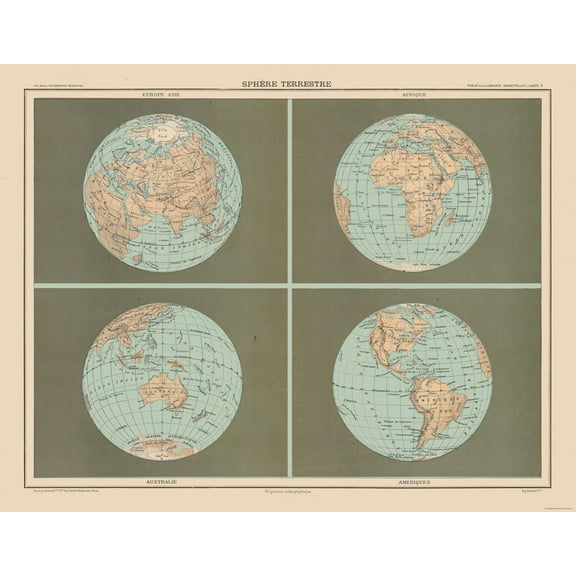 Historic Map - Terrestrial Sphere - Schrader 1908 - Vintage Wall Art