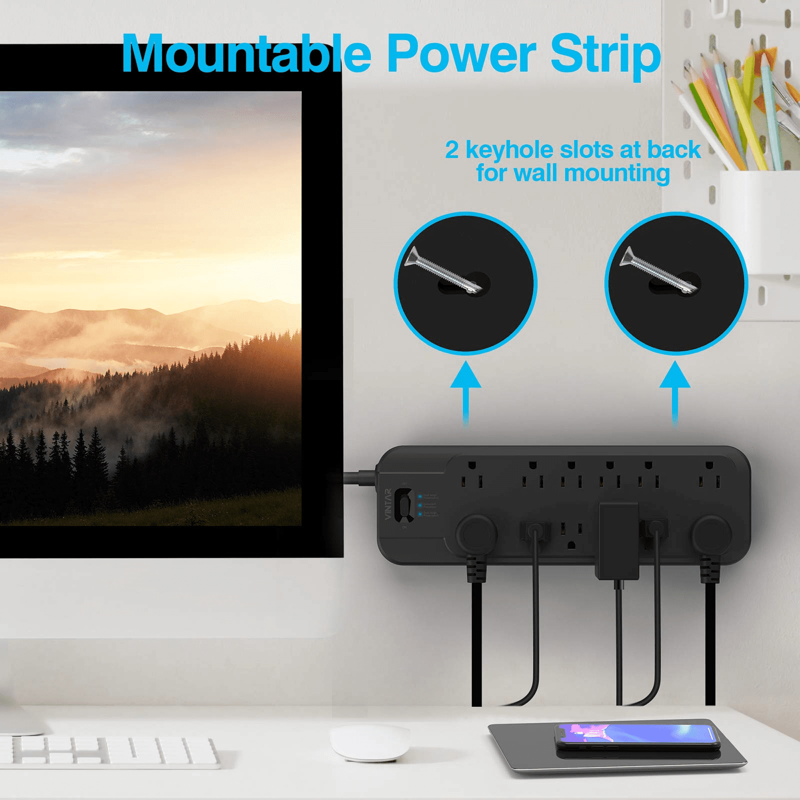 VINTAR 12 Outlets Power Strip Surge Protector with Dual Surge Protection, 6ft Long Extension Cord, 2 × 4800 Joules, 1875W, Black