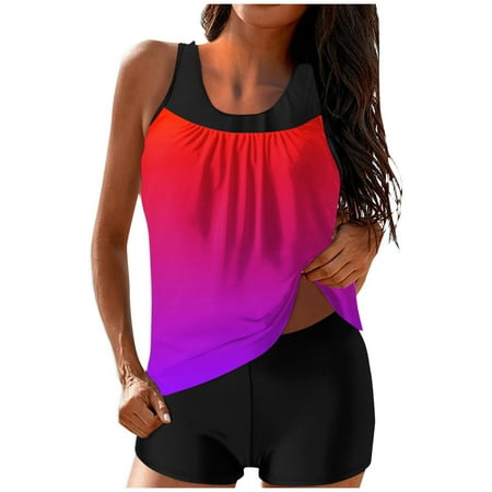 Busydd Tankini Swimsuits for Women Fashion Color Block Bathing Suit for Women Two Piece Swim Suits Round Neck Pleated Tank Tops with Boyshorts