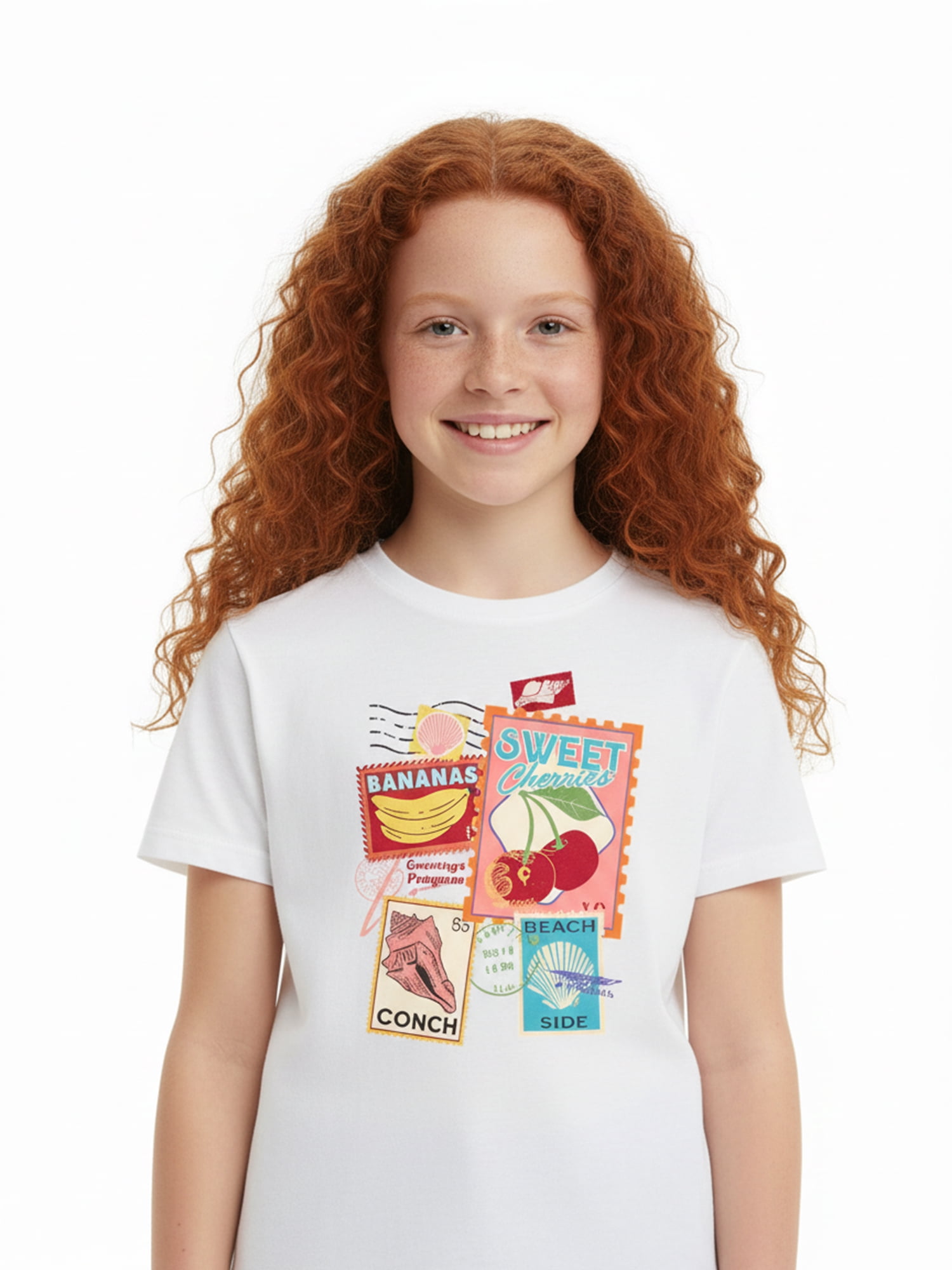 Wonder Nation Girls Vintage Stamps Graphic Tee with Short Sleeves, Sizes 4-18