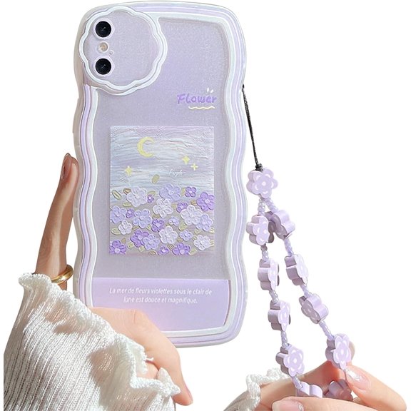 Compatible with iPhone Xs Max Case with Cute Purple Flower Floral Pattern Design Aesthetic Women Teen Girls Flower Lens Protection Case for iPhone Xs Max  Chain-Flower