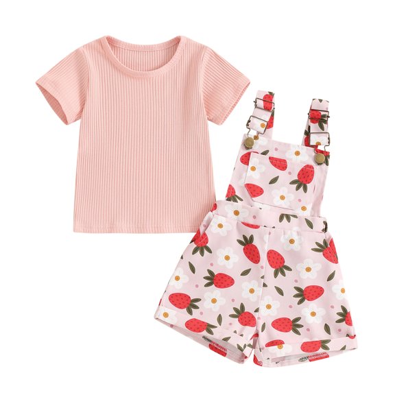 Aojekbee Toddler Girl Summer Outfit Solid Color Ribbed Short Sleeve Tops and Flower Print Suspender Shorts Overalls 2Pcs Clothes Set