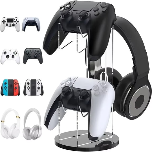 Acrylic Dual Layer Game Controller Holder and Headset Stand Compatible with PS5/PS4/Xbox Controllers-Transparent
