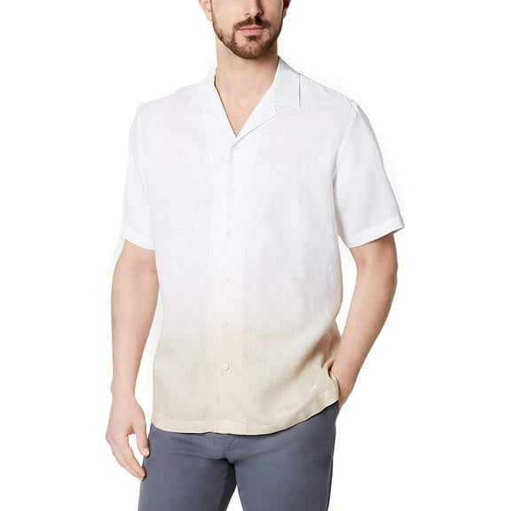 Tasso Elba Men's Ombr Camp Collar Linen Shirt White, S