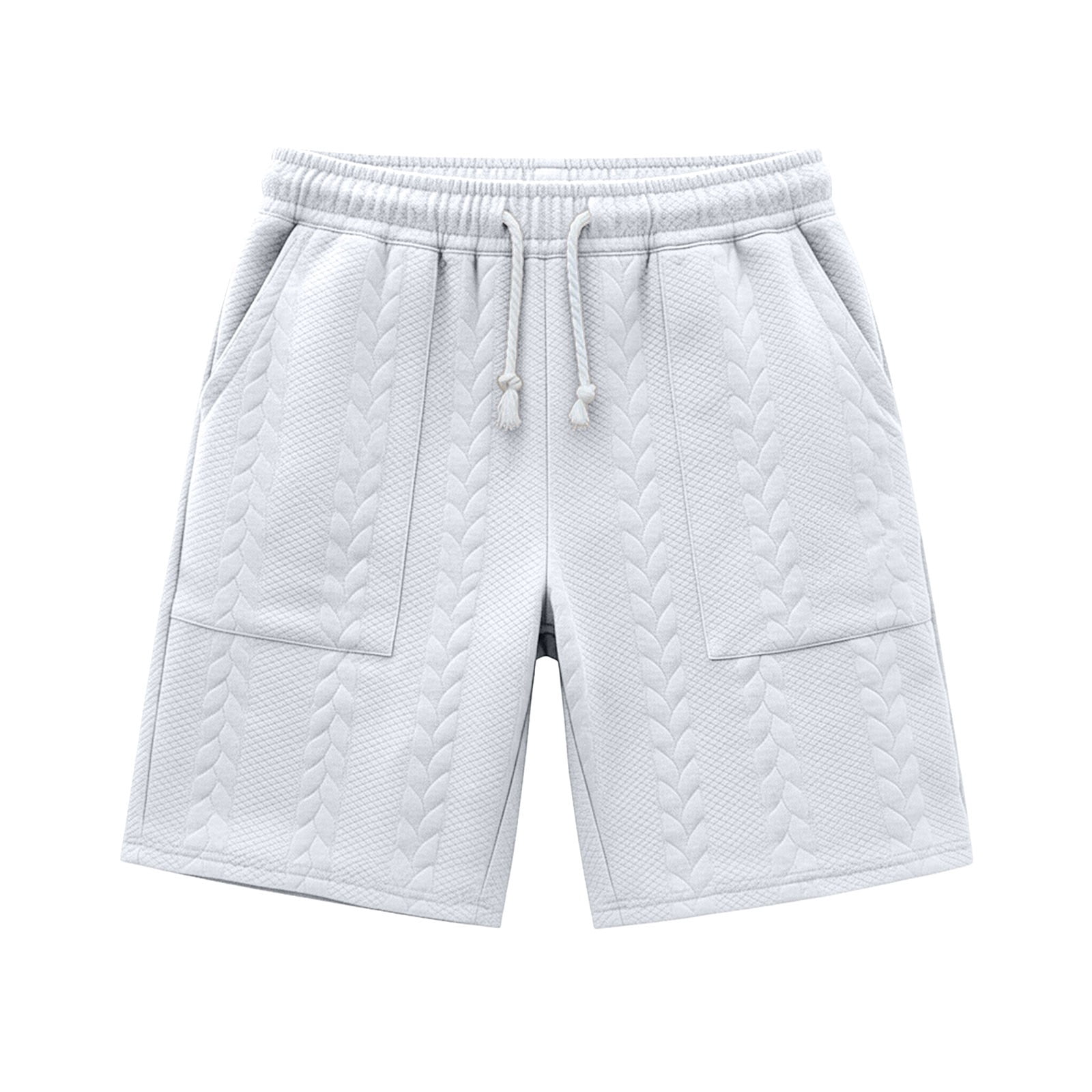 Men's Cable Knit Jacquard Casual Shorts 7-Inch, Elastic Waist Drawstring Textured Shorts with Side Pockets, Soft Breathable Summer Lounge Shorts White