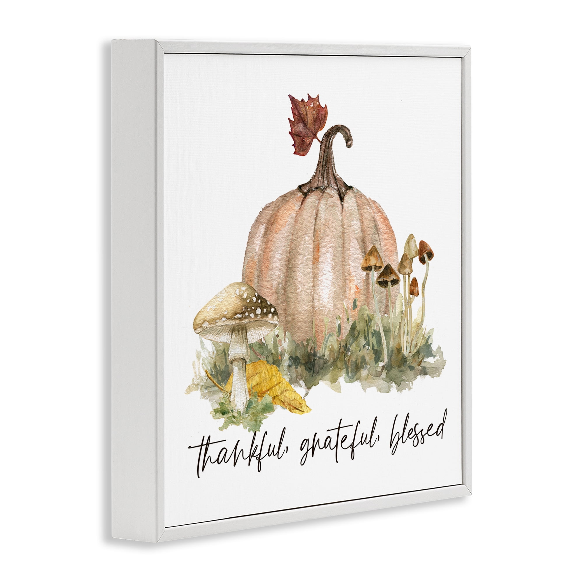 Stupell Industries Thankful Pumpkin & Mushrooms Botanical & Floral Painting White Framed Art Prints Wall Art, 17 x 17