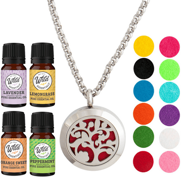Wild Essentials Arbol Tree Necklace Essential Oil Diffuser Kit With Lavender, Lemongrass, Peppermint, Orange Oils, 8 Refill Pads, Calming Aromatherapy Gift Set, Customizable Color Changing, Perfume