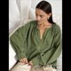 thumbnail image 4 of Blusa de con Lazo Frontal para Mujer, Blusa con Mangas Farol, Estilo Babydoll Y2K, Túnica Holgada con Cuello en V. Verde S, 4 of 10