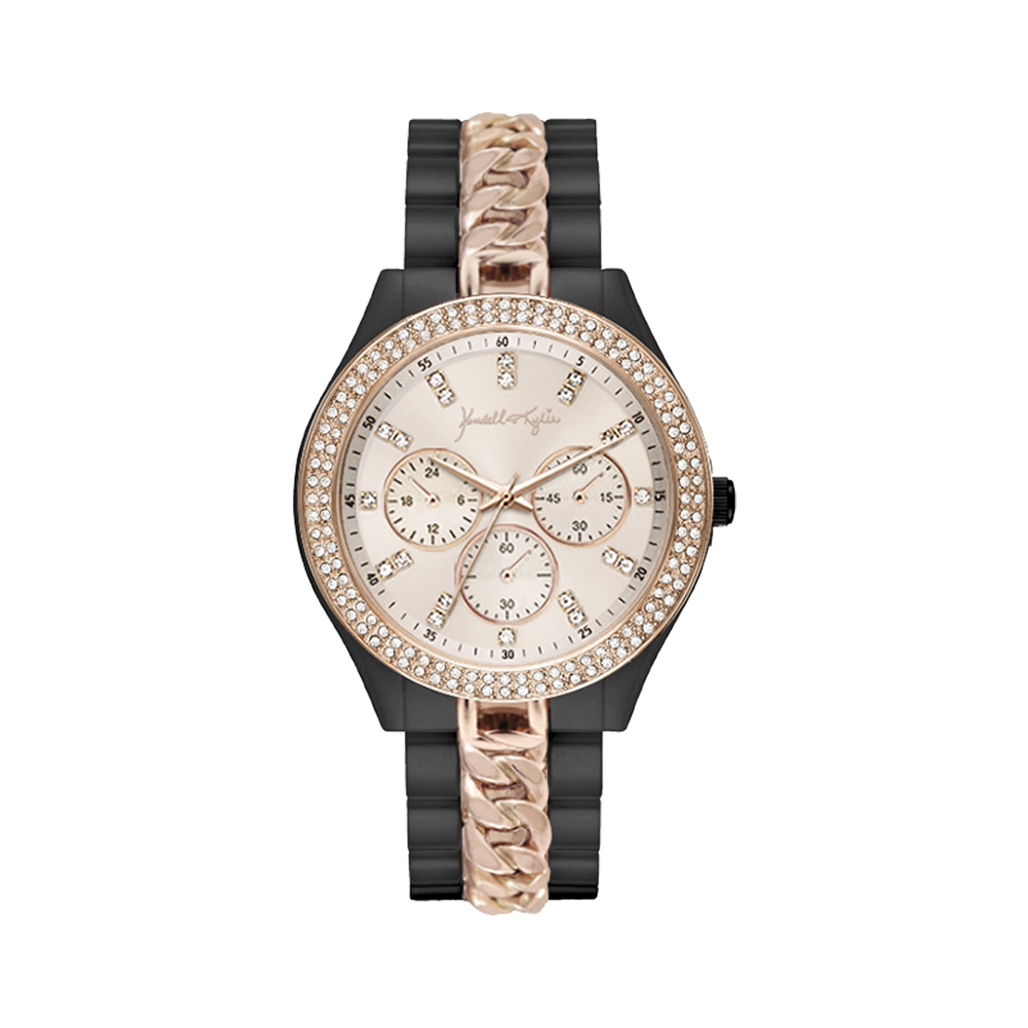 Kendall + Kylie Watch Black Metal Link and Rose Gold Toned Chain Mock