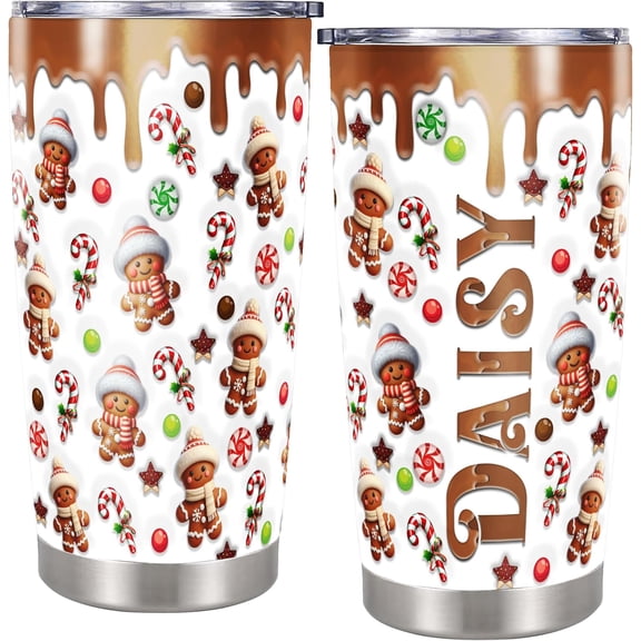 Personalized Gingerbread Christmas Tumbler with Lid 20oz Insulated Cup Stainless Steel Tumblers Double Wall Vacuum Coffee Travel Mug Custom Name Gifts for Teens Boys Girls Women Men