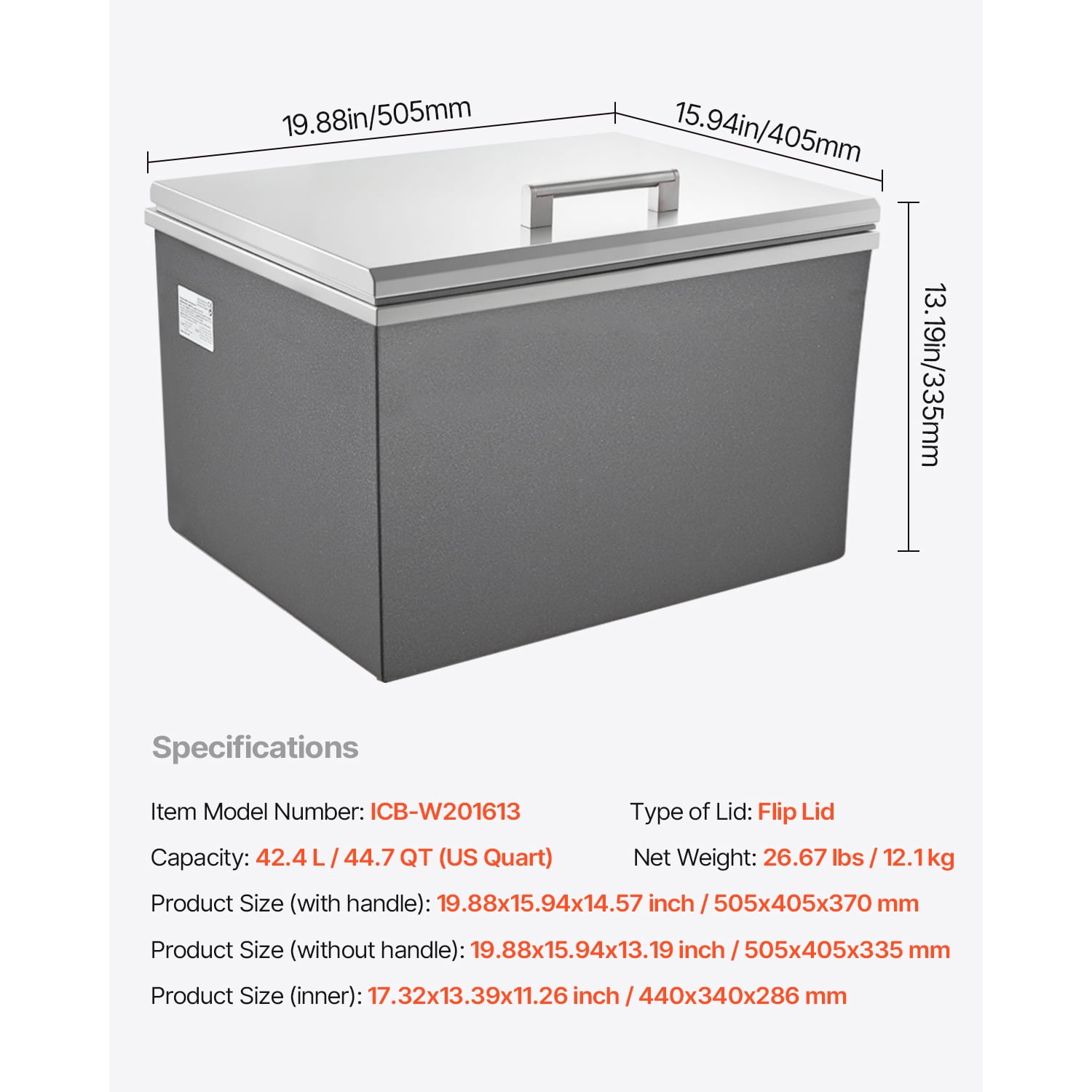 KFFKFF 20"L x 16"W x 13"H Drop-in Ice Chest 44.7 Quart 304 Stainless Steel Cooler with Hinged Lid, Large Capacity Outdoor Kitchen Ice Bar with Drain Pipe for Chilled Wine Beer