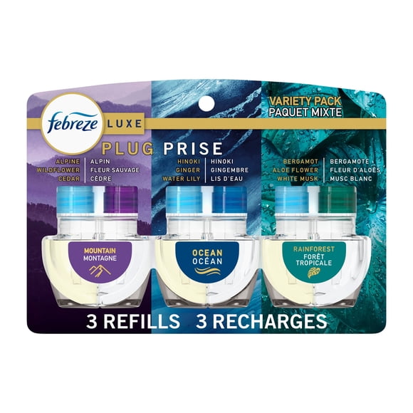 Assainisseur d’air à brancher Febreze, recharge d’huile parfumée qui combat les odeurs, assortiment de parfums élémentaires, 3 recharges