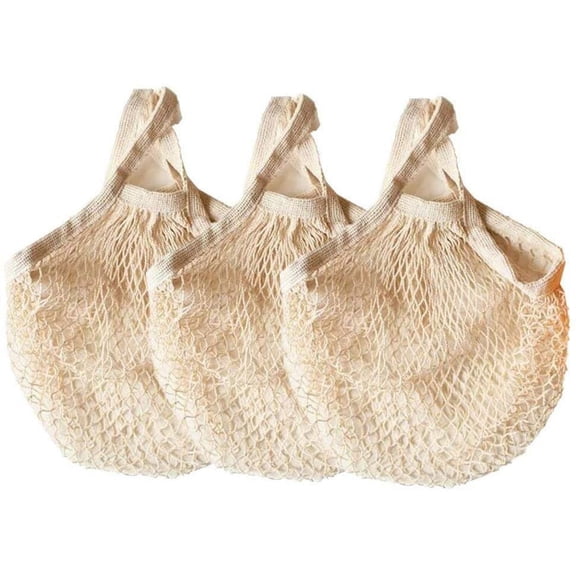 Reusable Cotton Mesh Grocery Bags Cotton String Bag Net Shopping Mesh Bags Pack of 3 (Beige)