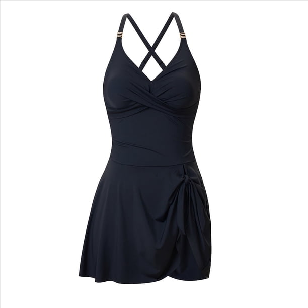 Bikini de una Pieza con Falda Ajustada, Versátil y de Moda, de Color Liso para Mujer. Negro M