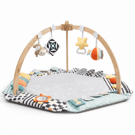 Wooden Baby Play Mat with Foldable Raised Edges,Tummy Time Gym Mat ,6 Detachable Toys for Infant Toddler
