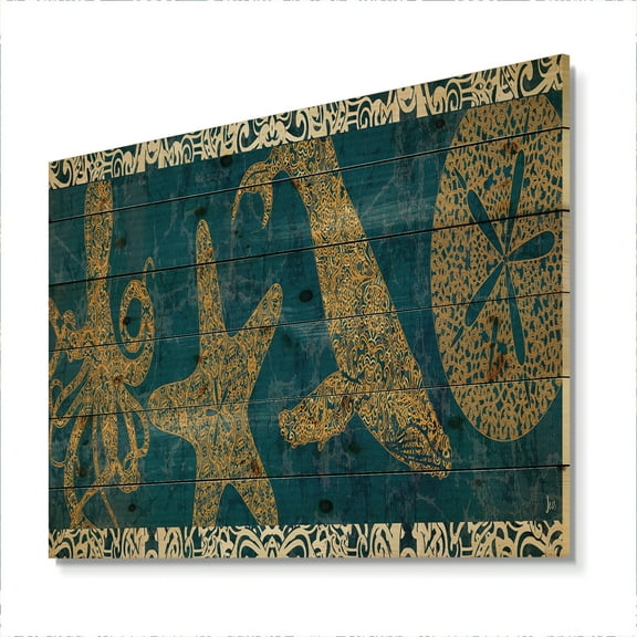 Designart 'Coastal Sea Life Seastar And Octopus' Nautical & Coastal Print on Natural Pine Wood