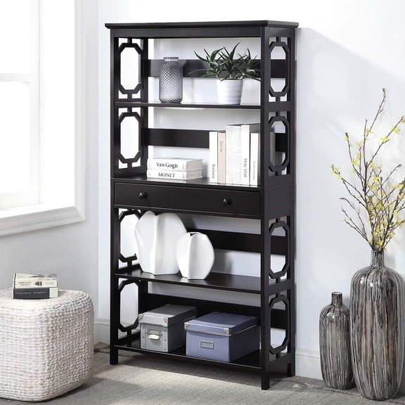 Rococo Radiance 5-Tier Bookcase, Espresso, Modern Storage with Drawer, Spacious Shelving for Books & Decor, Sturdy Wood & Particleboard Build, Easy Assembly