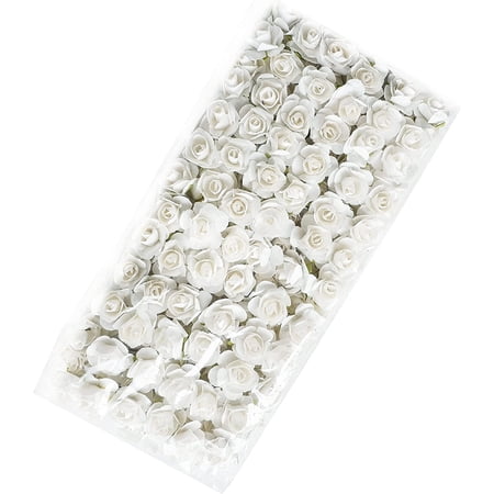 144Pcs/Pack 0.5" Mini Paper Flowers for Crafts Paper Roses for Scrapbooking DIY Paper Flower with Wire Stems Small Artificial Flowers Wedding Card Decoration,White