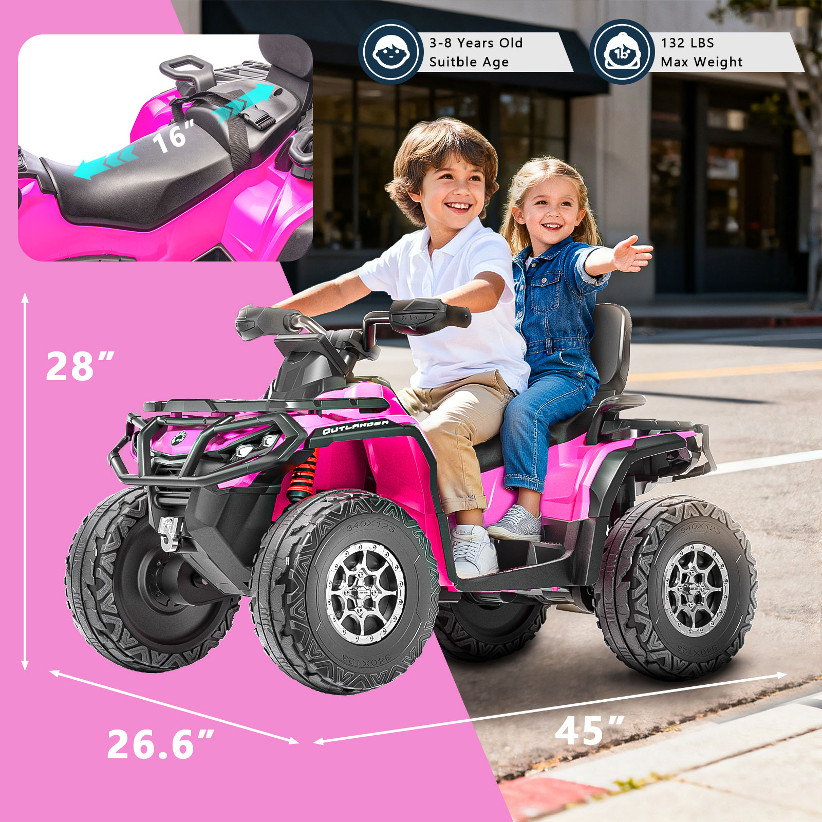 Kerry Yoo SAT5 24V Kids ATV, Licensed Can-am 4 Wheeler for Kids, Children Electric Car, 2 Seats, Parental Handle, Suspension, Safety Belt, Music-Pink