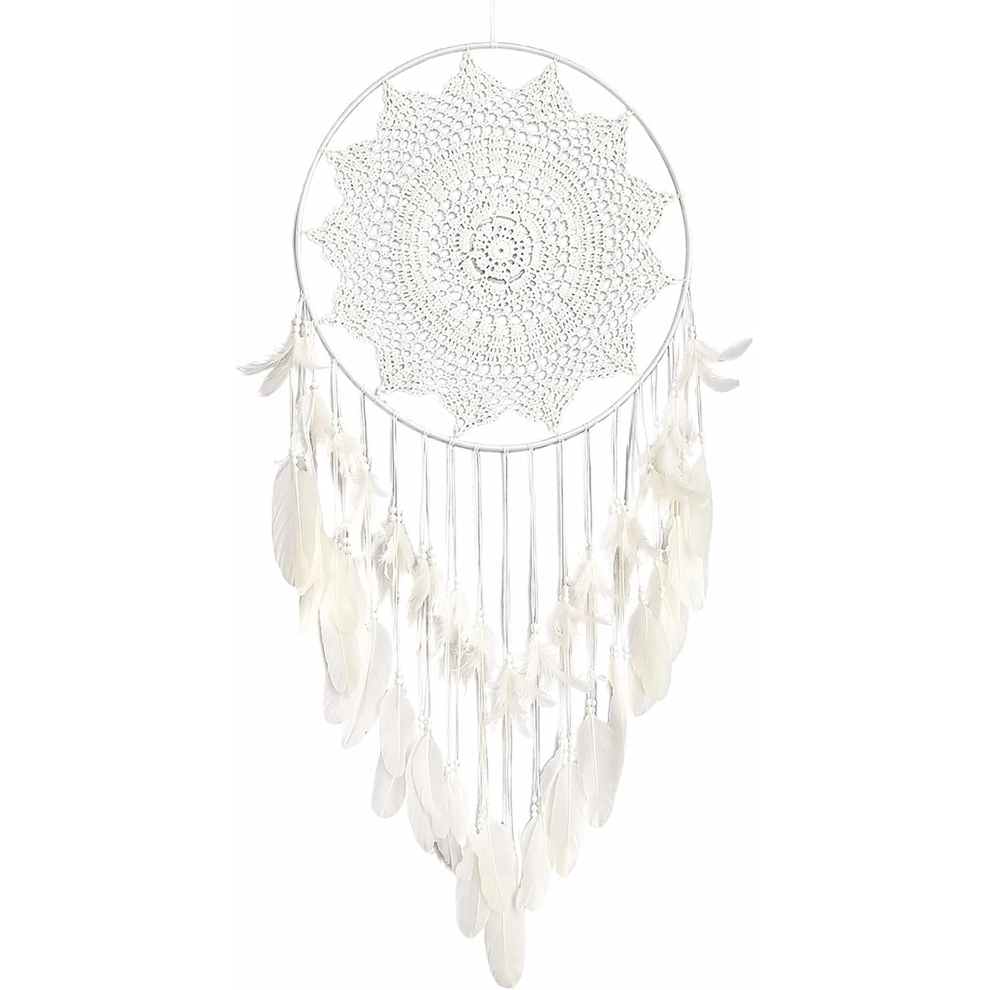 Large White Dream Catcher Wall Decor with Feather, Crochet Net, Wooden Beads and Flocking Cloth, Boho Macrame Hanging Decoration for Bedroom Living Room Wedding Party